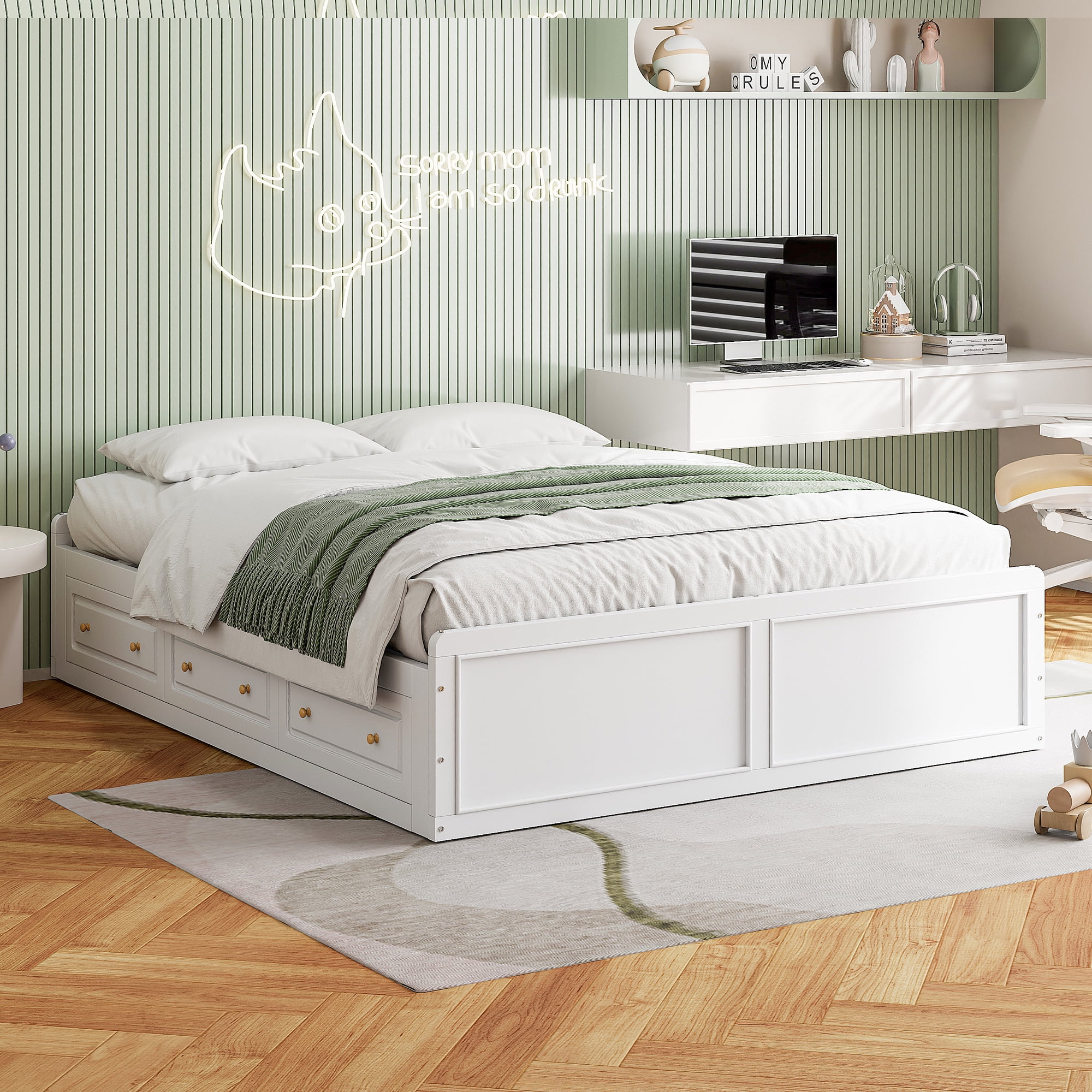 Jopath Queen Size Platform Bed Frame with 6 Drawers, Wood Bed with Slatted Base for Teen and Adult White