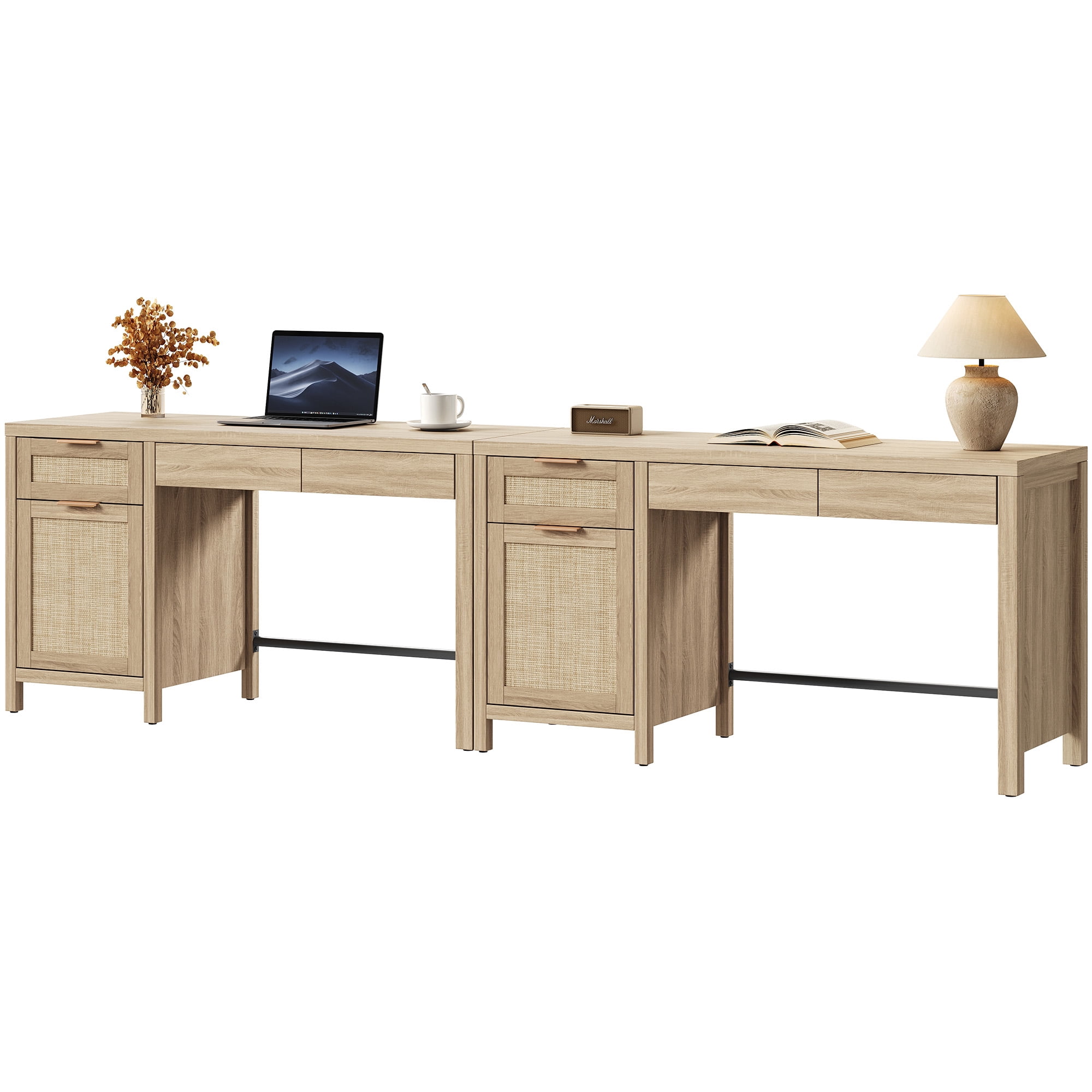 SICOTAS 55" Wide Writing Desk with Rattan Decor & Hidden Drawers Set of 2–Spacious Desktop for Dual Monitors, Adjustable Shelf, Sturdy Engineered Wood, Boho Style for Home Office or Vanity