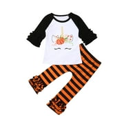Baby Halloween Clothing Infant kids Baby Girls Sets Ruffles Long Sleeve Cartoon Pumpkin T-Shirts Tops Striped Pants 1-6Y