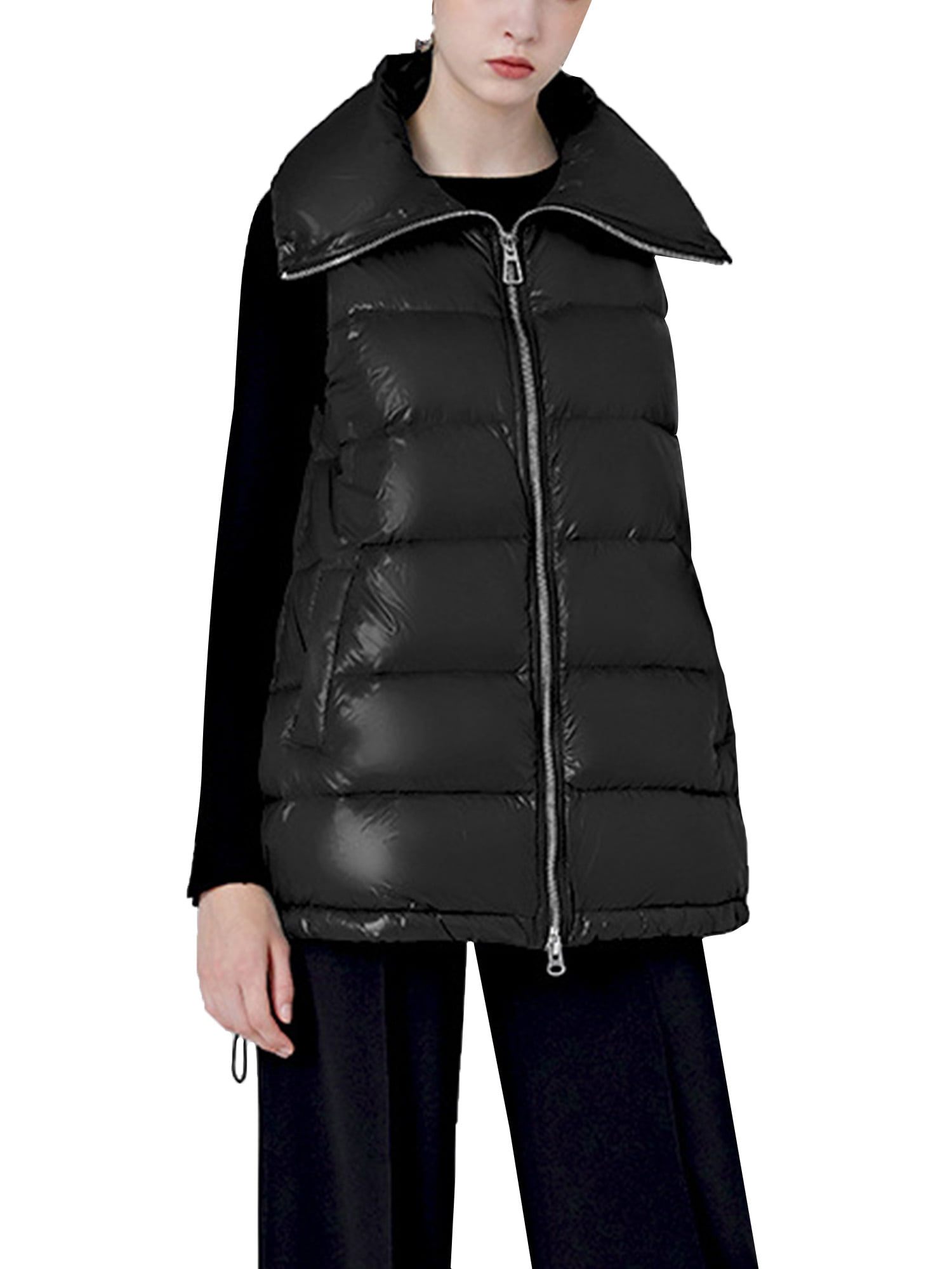 Women's Quilted Gilet Down Winter Sleeveless Padded Puffer Coat Zipper Hooded Long Vest