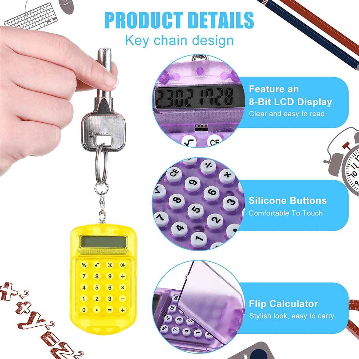 24 Pcs Pocket Calculator Key Ring Mini Clear Flip Portable Calculator 8 Digit Electronic Calculator