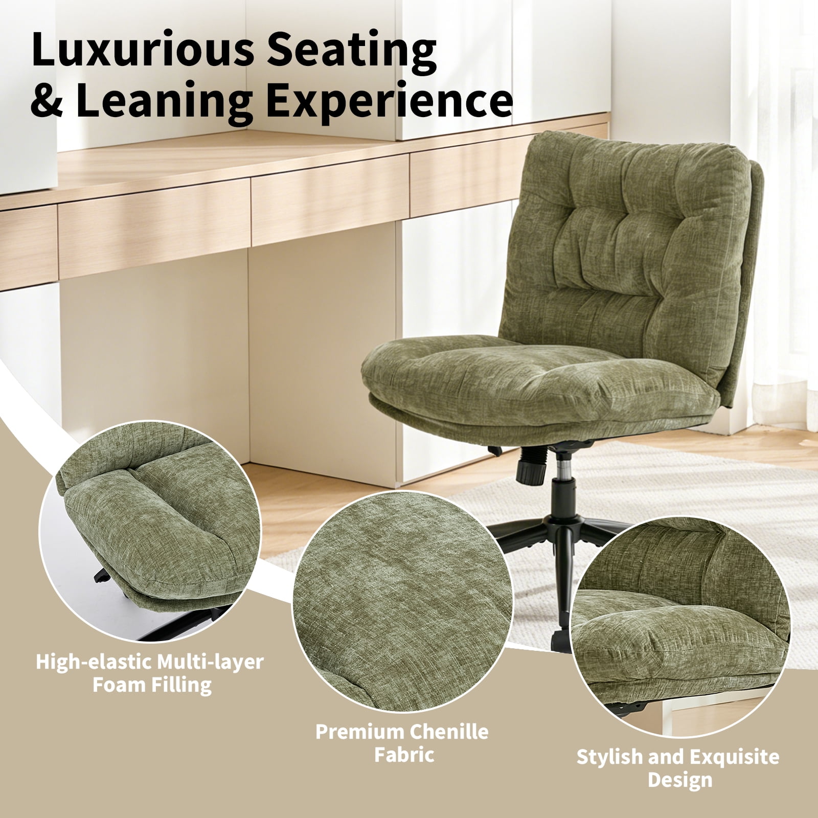 Soft Chenille Cross-Legged Office Chair, Wide Seat Armless Desk Chair with Double Cushion, Swivel Adjustable Vanity Chair for Bedroom, Home Office, Green,EliteEdge