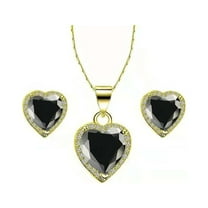 Paris Jewelry 18k Yellow Gold Plated Heart 4 Carat Created Black Sapphire Full Set Necklace, Earrings 18 Inch