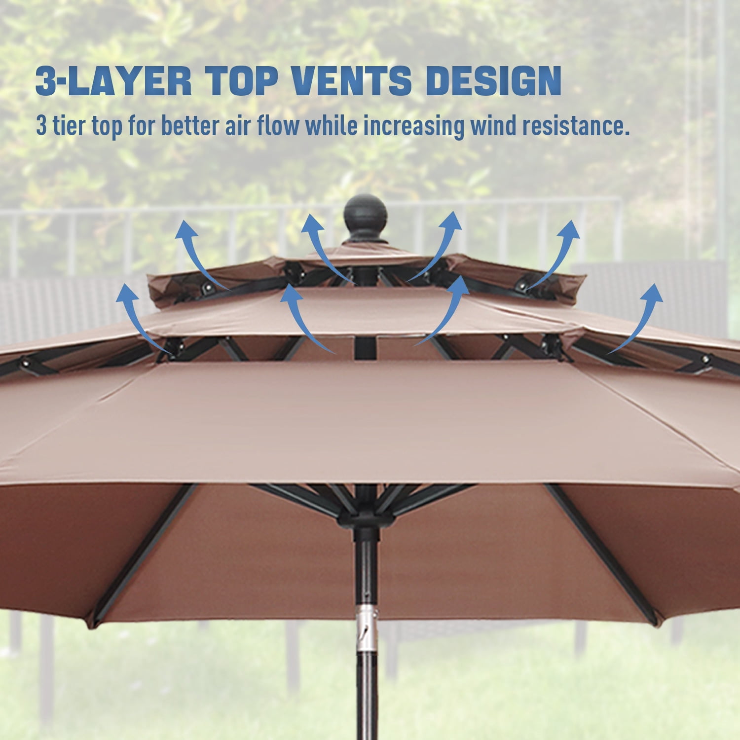 Autlaycil 10ft Brown Outdoor Patio Umbrella with 3 Tiers, Push Button Tilt and Crank for Garden Lawn Backyard Pool