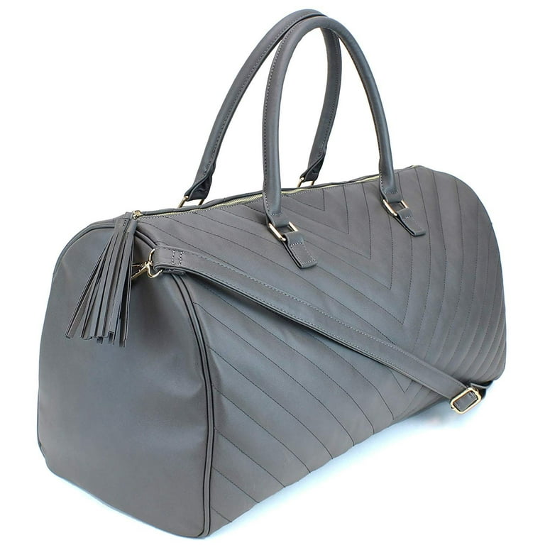 Women's Chevron Pattern Large Leather Weekender Duffel Bag with Gold  Hardware and Satin Interior - Big 22 Size - Dark Grey 