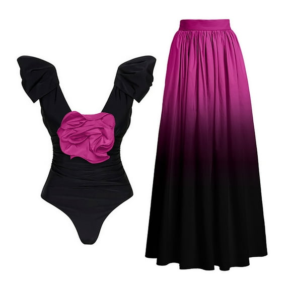 IDOPIP One-Piece Swimsuit with Cover-Up Skirt, Size L, Black   Purple (Women's)