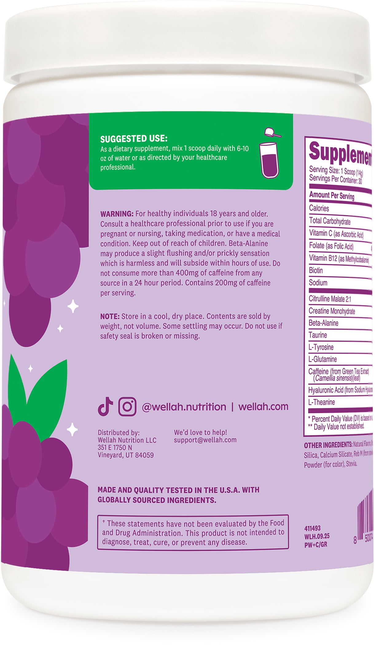 Wellah Pre-Workout + Creatine Powder (30 Servings) Grape - 200mg Caffeine, 3g Creatine Monohydrate, 5g Citrulline Malate, Pre-Workout with Creatine Supplement