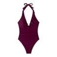 thumbnail image 2 of YueHuiYing Women Solid-Color V Neck One Piece Swimsuit Halter Backless Ruched Tummy Control Bathing Suit, 2 of 5