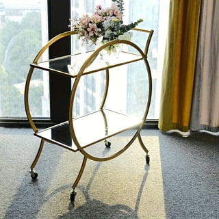 Gold Metal 2 Tier Bar Cart Mirror Tray Kitchen Trolley, Round Tea Cart Island Trolley 2.5 feet high
