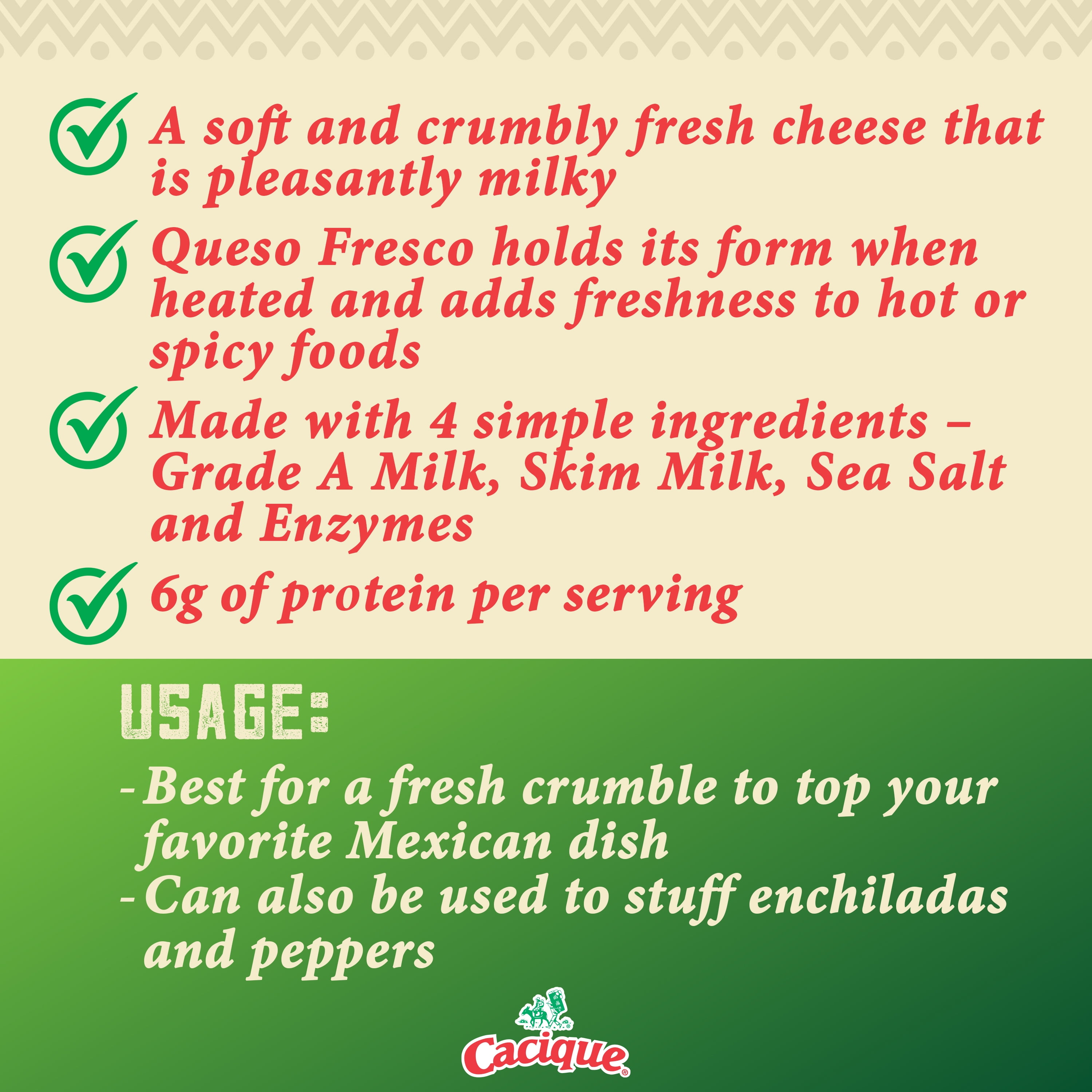 Cacique Ranchero Queso Fresco, Fresh Mexican Crumbling Cheese, Part Skim Milk, 10 oz (Refrigerated)