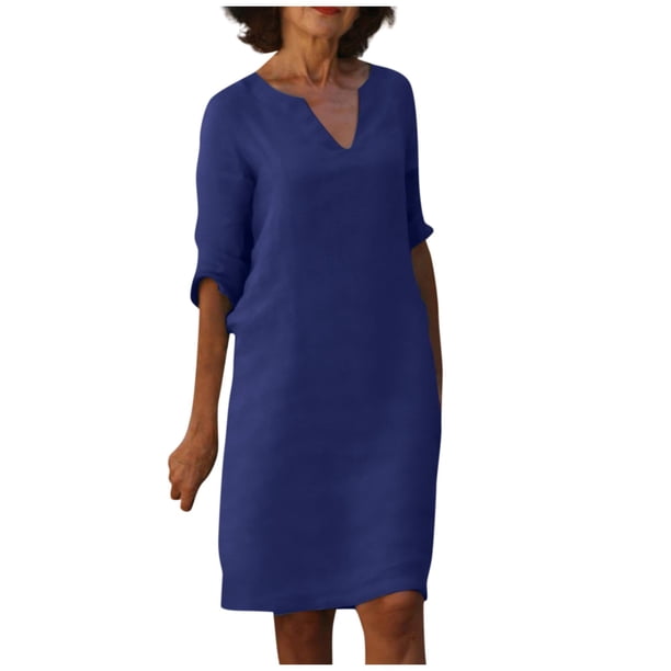 Vestido de Media manga SCZ con cuello en V de lino de algodón azul oscuro para Mujer