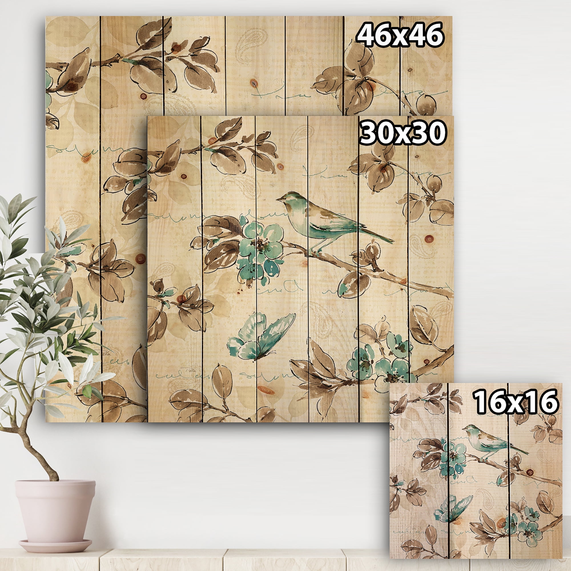 Designart 'Beige Bird Wings on Floral Branch' Cottage Print on Natural Pine Wood