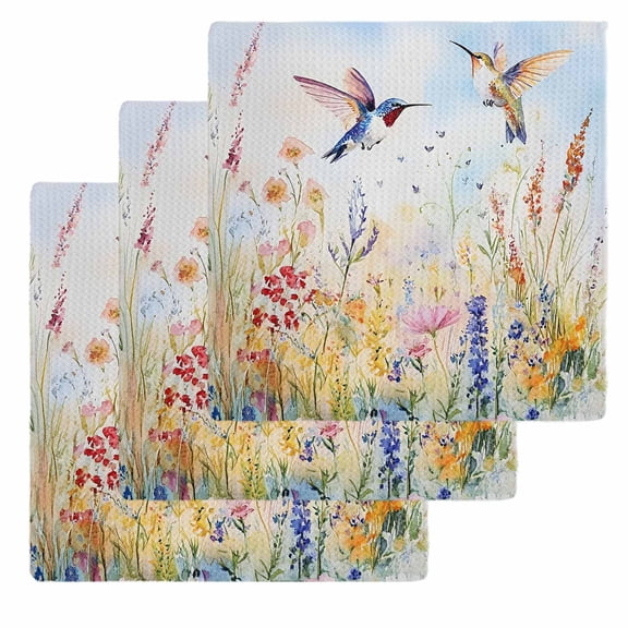 Spring Hummingbird Floral Kitchen Dish Towels for Drying Dishes Set of 3, Farmhouse Flower Botanical Waffle Weave Microfiber Hand Tea Bathroom Towels Quick Dry & Absorbent Towel 12x12
