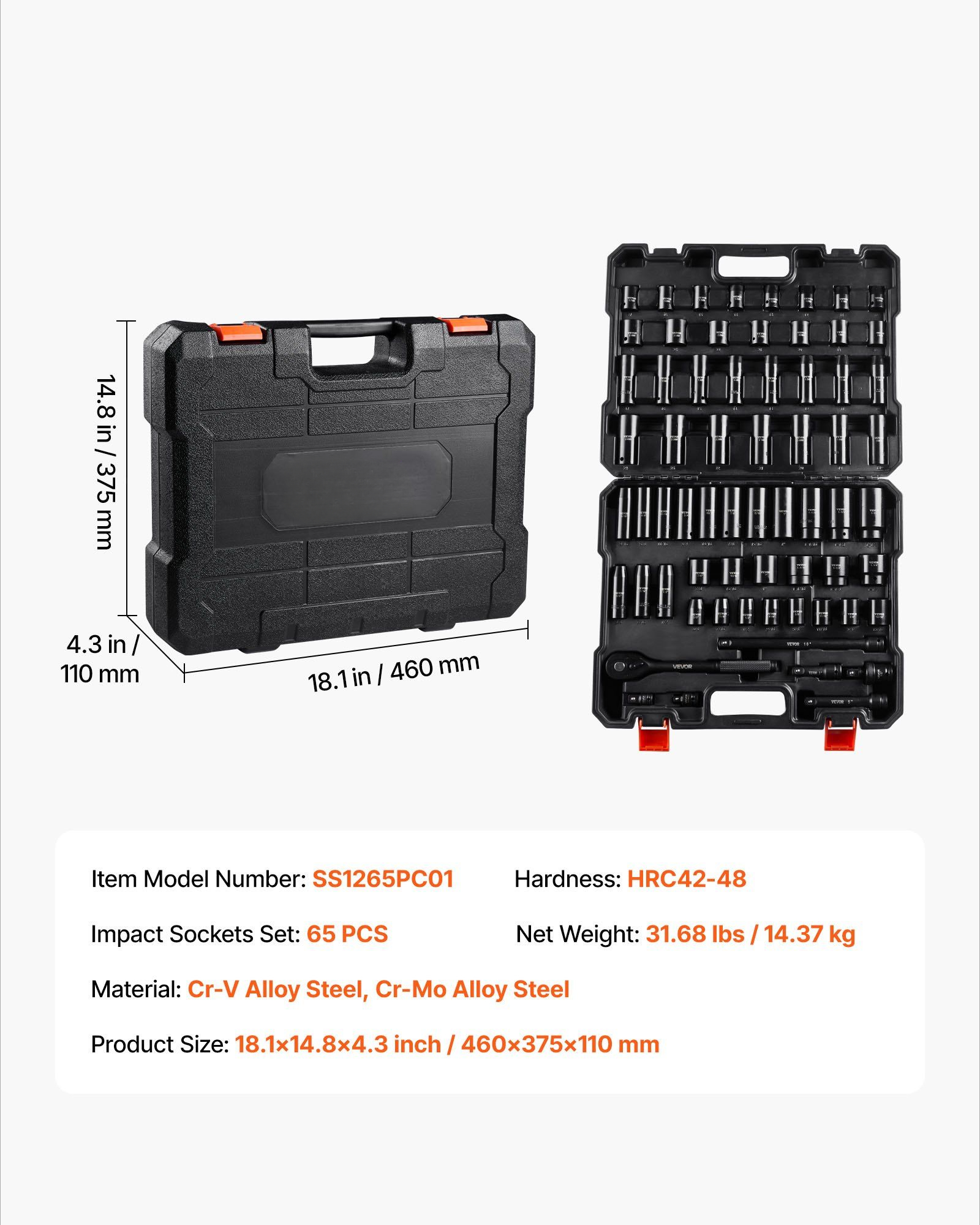 65-Piece 1/2" Drive Impact Socket Set - SAE (3/8"-1-1/4") & Metric (10-24mm) - Cr-V Steel Construction for Automotive, Truck & Heavy-Duty Repairs - Case Included