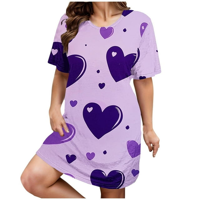 Chemises de Nuit et Vêtements de Nuit pour Femmes Adultes, Robe de Nuit Grande Taille avec Cœur, Manches Courtes, Col Rond, Mi-Longue et Ample, Violet TG-5TG,