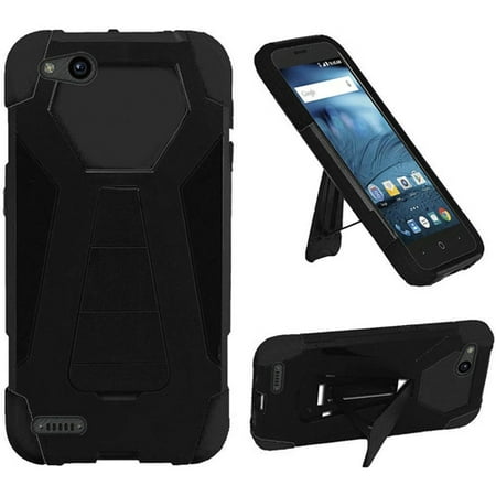 Phone Case for ZTE Tempo X / Consumer Cellular ZTE Avid 557 / Verizon ZTE Blade Vantage Prepaid, ZTE Avid 4 / ZTE Fanfare 3 Rugged Cover With Wide Stand (Wide Stand Black-Black