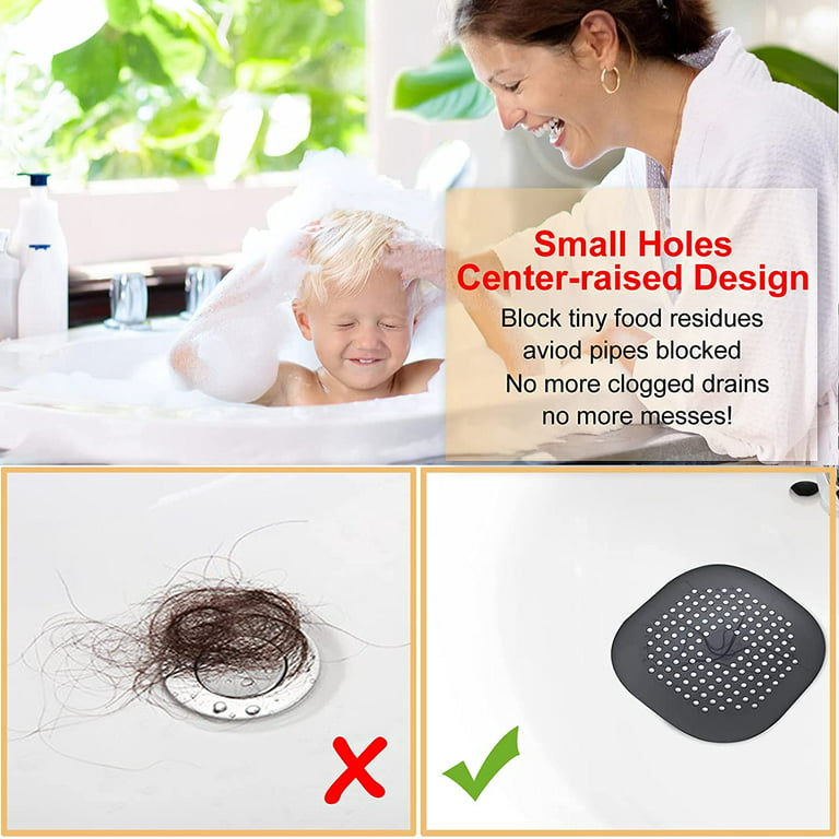 Hair Drain Catcher,Square Drain Cover for Shower Silicone Hair Stopper with  Suction Cup,Easy to Install Suit for Bathroom,Bathtub,Kitchen 2 Pack(Black)  