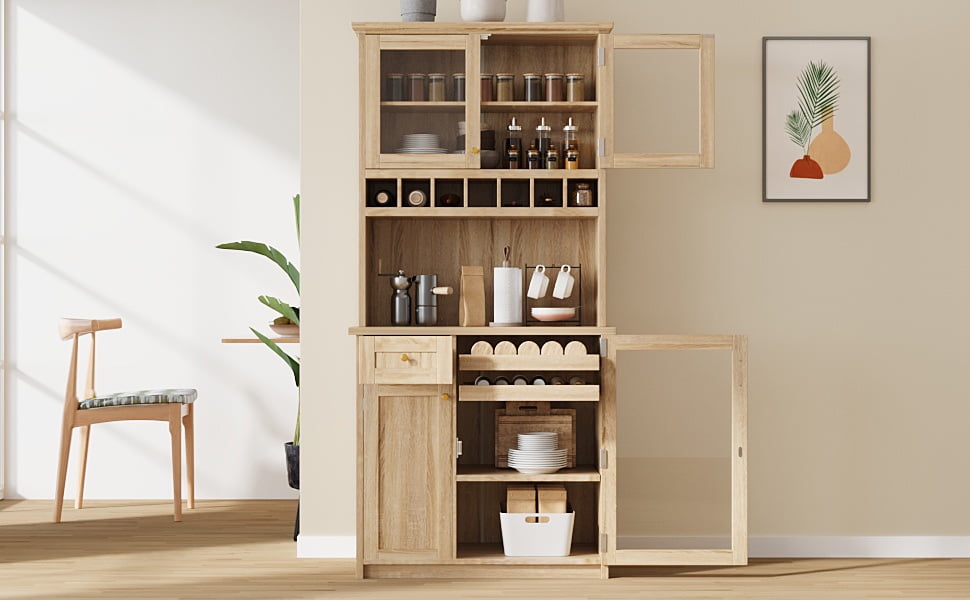 Farmhouse Freestanding Buffet with Hutch, Tall Kitchen Pantry Storage Cabinet with Wine Rack, Adjustable Shelves and Tempered Glass Doors for Dining Room
