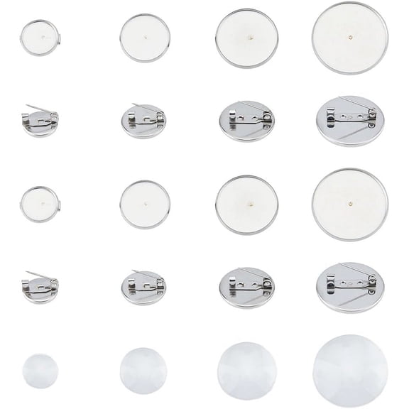 32 Sets Brooch Clasps Pin Disk Base 12/16/20/25mm Stainless Steel Flat Round Brooch Pin Blank Flat Trays with Glass Cabochons for Badge Lapel