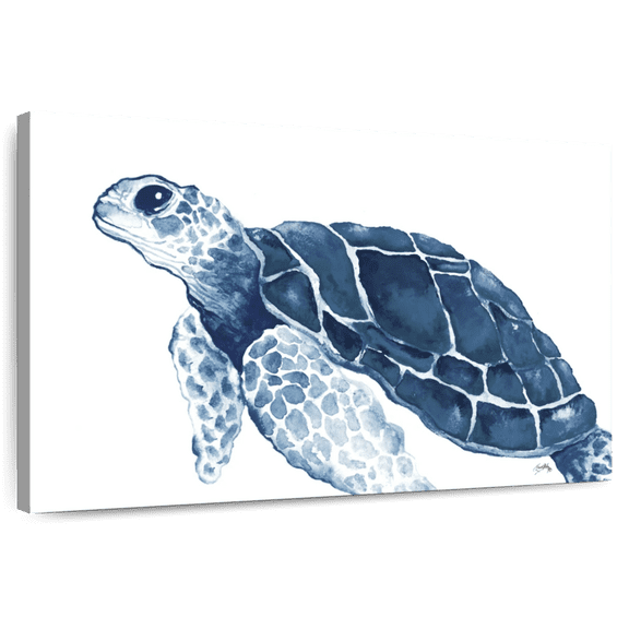 Elephant Stock Turtle In The Blues Wall Art - Horizontal Canvas Wall Art - Living Room Wall Decor - Animal Canvas - Blue And White Decor By Elizabeth Medley - 12" x 8"