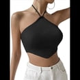 thumbnail image 3 of Top Corto de Punto con Cuello Halter, Sin Mangas y Dobladillo Asimétrico Anudado para Mujer Negro S, 3 of 4