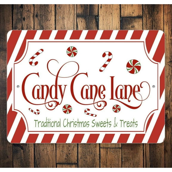 8 x 12 in Metal Tin Sign - Candy Cane Lane Retro Metal Tin Sign Traditional Christmas Sweets and Treats Print Wall Art for Home Living Room Outdoor or Indoor Wall Decor Gift Christmas Candy Cane