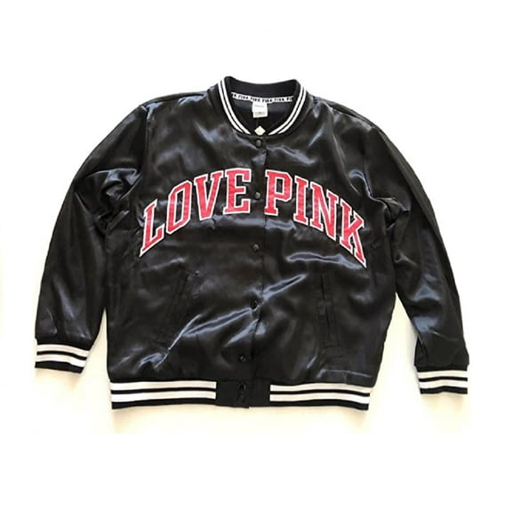 Victoria's Secret Pink Satin Bomber Jacket Black Snap Buttons Size X-Small NWT