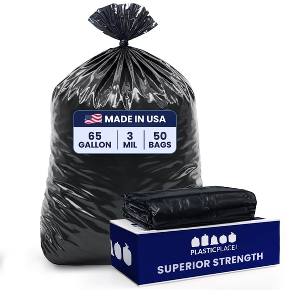 Plasticplace 65 Gallon Trash Bags │ 3.0 Mil │ Black Heavy Duty Garbage Can Liners │ 50” x 48” (50 Count)