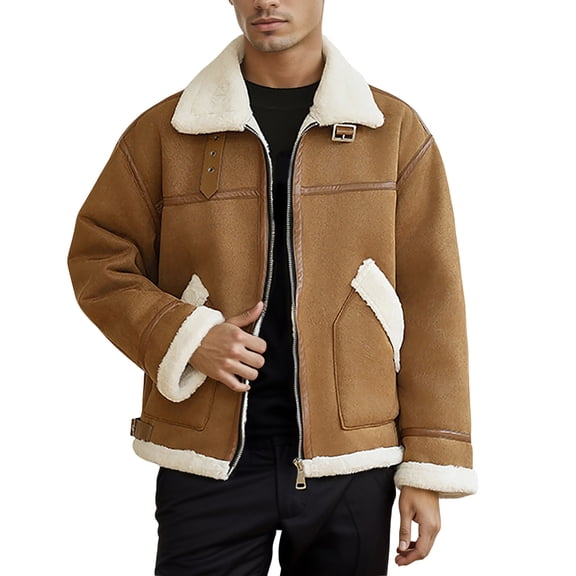 IWRICH Men's Shearling Ranchers Bomber Jacket Casual Oversize Baggy Warm Jackets Big and Tall Winter Coat Khaki XL