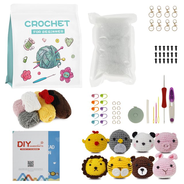 8Pcs Crochet Kit for Beginners Complete Crochet Knitting Kit Adorable Animal Crochet Starter Pack with Yarn Stuffing Keychain DIY Crochet Craft Kit with Step-by-Step Video for Adults Kids