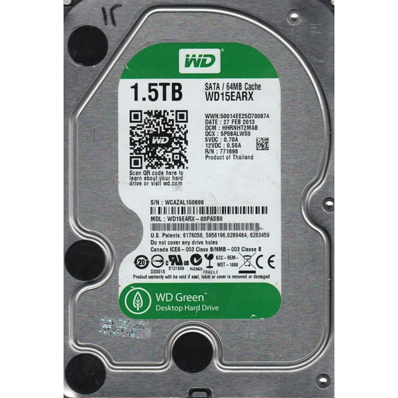 WD15EARX-00PASB0, DCM HHRNHT2MAB, Western Digital 1.5TB SATA 3.5 Hard Drive