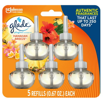 Glade PlugIns Refill 5 CT, Hawaiian Breeze, 3.35 FL. OZ. Total, Scented Oil Air Freshener Infused with Essential Oils