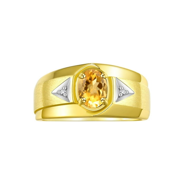 RYLOS Men's Rings 14K Yellow Gold Classic 7X5MM Oval Gemstone & Diamond Ring Citrine November Birthstone Rings For Men, Gold Rings Size 8