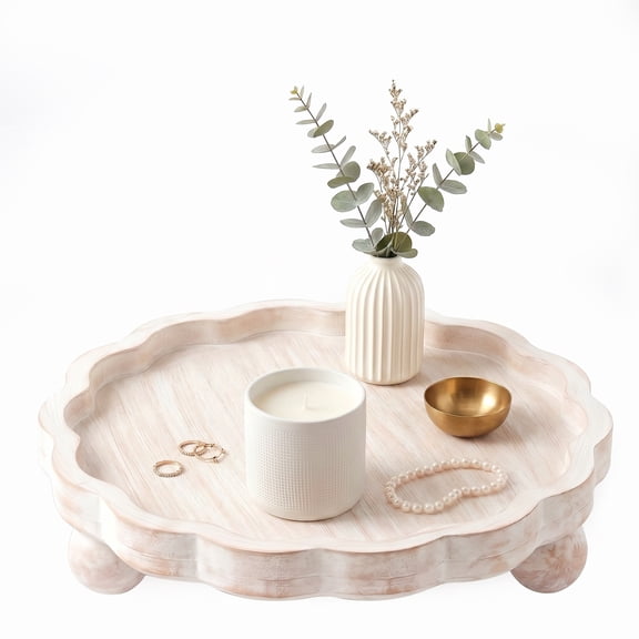 Vintage Wooden Tray Boho Round Entryway Key Holder Tray with Scalloped Edge 3 Leg Pedestal Riser for Candle Perfume Bathroom and Coffee Table Decor