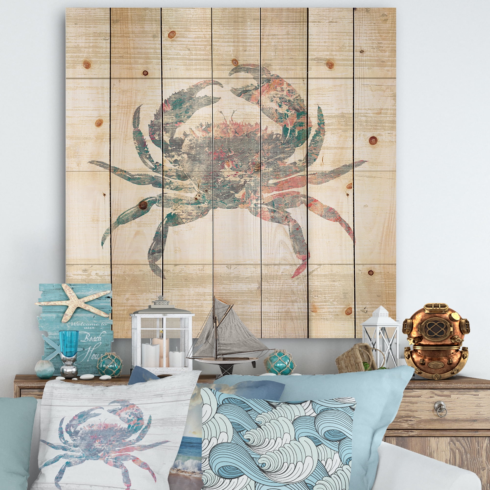 Designart 'Pink Crab Ocean Life' Nautical & Coastal Print on Natural Pine Wood