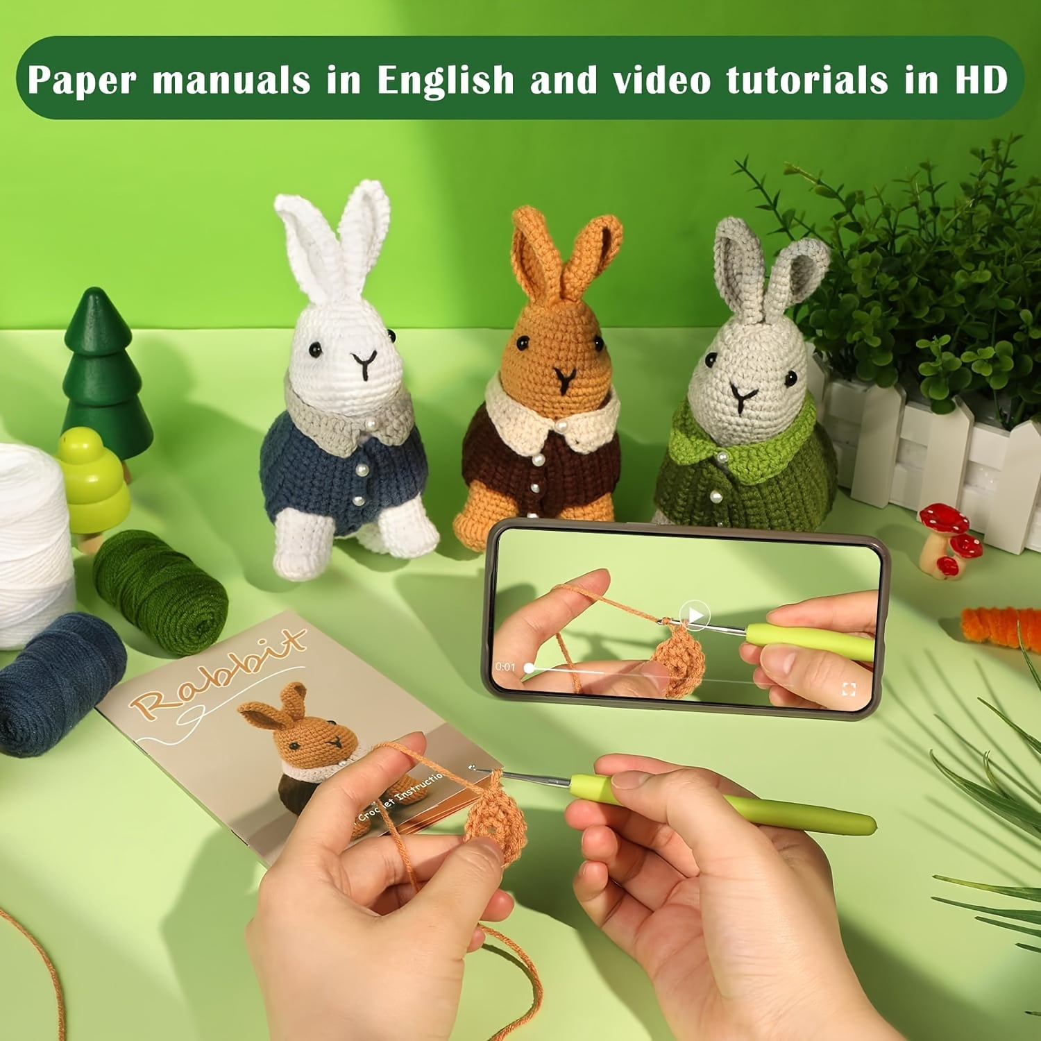 3pcs Crochet Kit for Beginners _ Rabbit Crocheting Animals Kits with Step-by-Step Video Tutorials - Knitting Supplies for Adults, Crochet Hooks Yarn DIY Craft Art