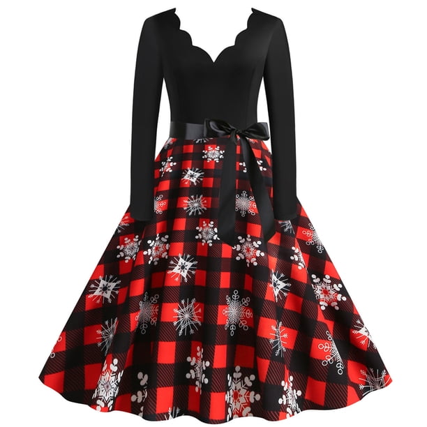 WILLBEST Vestidos Casuales para Mujer con Curvas, Vestido Vintage de Manga Larga con Cuello En V para Navidad, Fiesta de Noche, Graduación, Fiesta de Playa, Años 50 Mediana