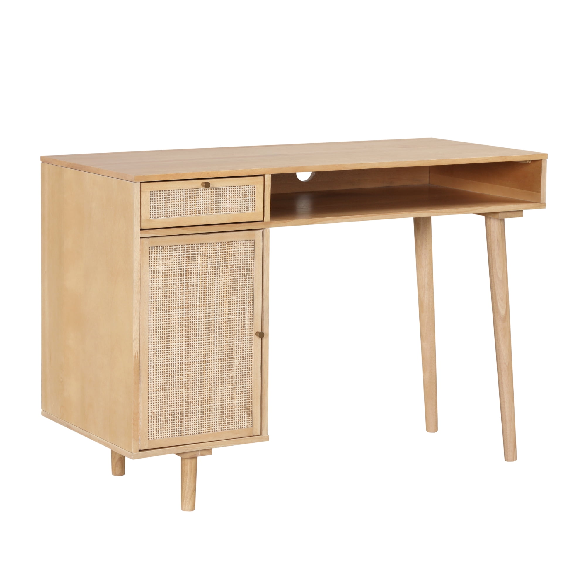 Nathan James Aaron Modern Desk with Storage, Natural Rattan Table with Square Webbing and Gold Accent Knobs, Natural Brown