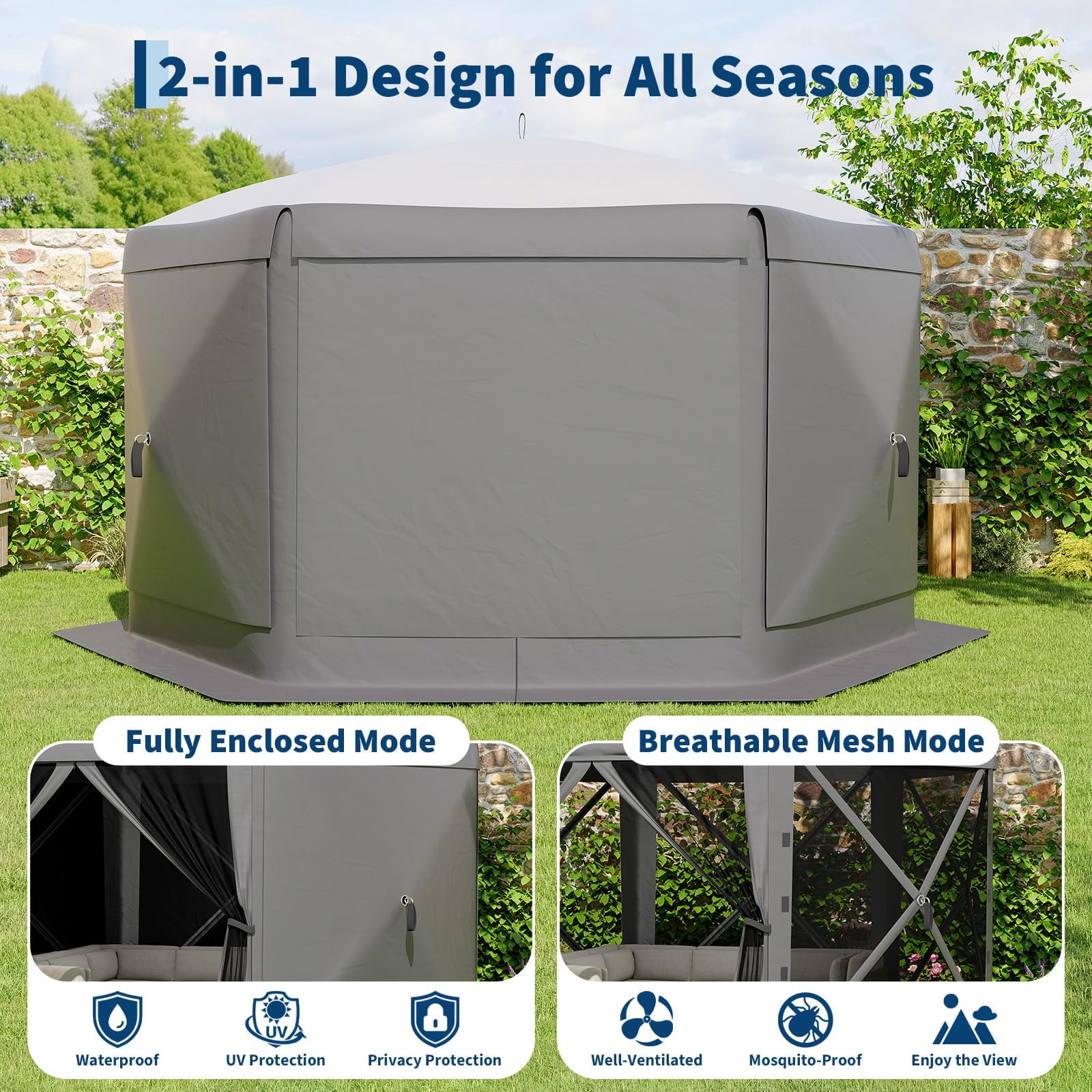 13x13FT 6-Sided Pop Up Canopy Tent，One-Push Setup Canopy Tent with Removable Canopy Top & Wind Cloths, Outdoor shelter for Camping, Backyard Parties, Outdoor Events - Grey