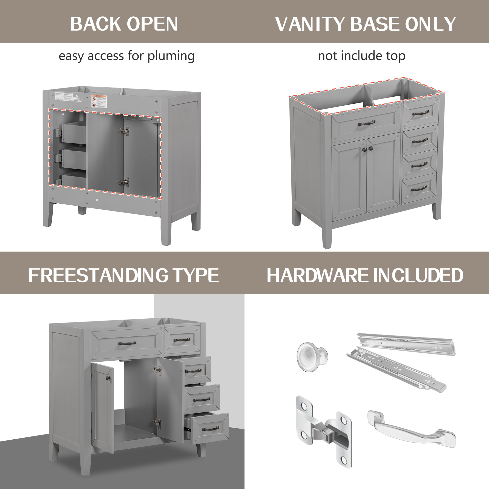 Aukfa Modern Bathroom Vanity without Sink, Freestanding Bathroom Cabinet with Drawers, Solid Frame,Gray