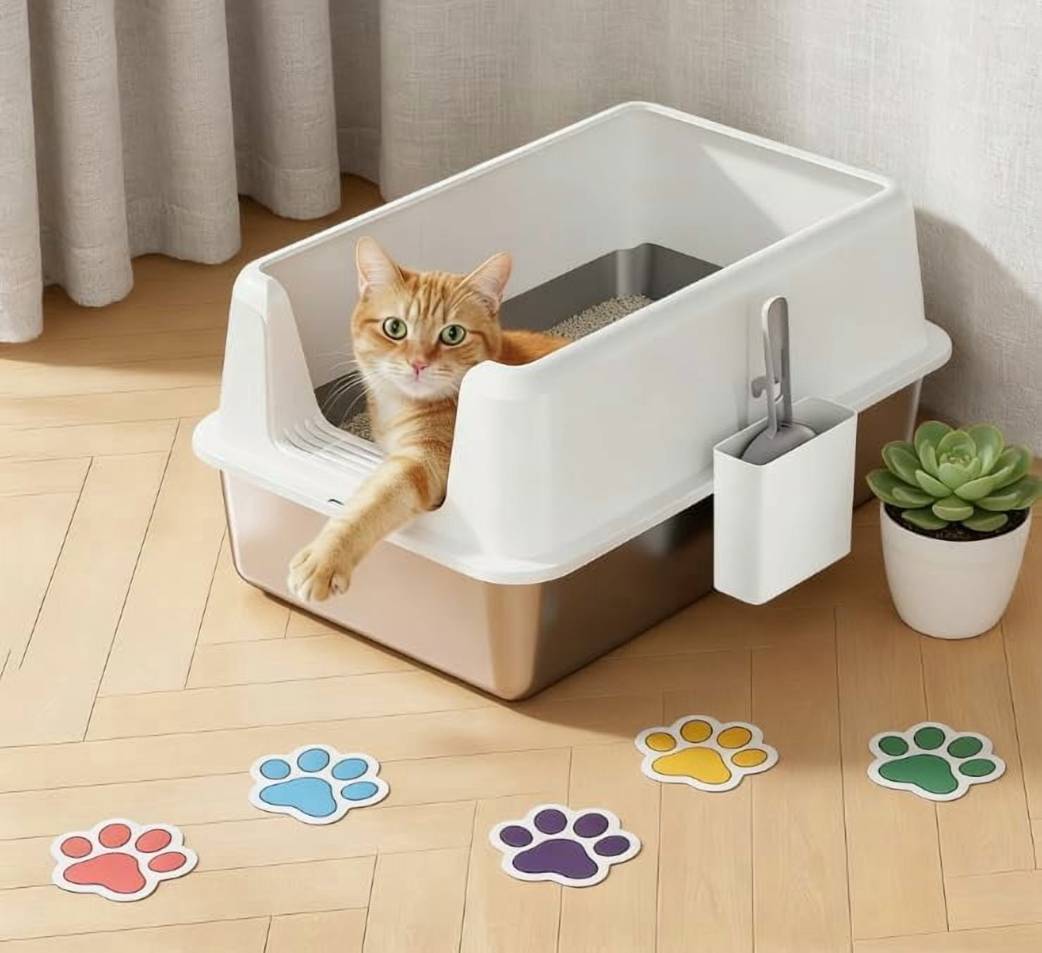 Acekid Stainless Steel Cat Litter Box Large Enclosed with Lid & Scoop, High Sided, White