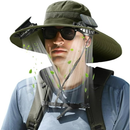 Solar Fan Hat Wide Brim Outdoor Fishing Hat 2 Fans with UPF 50+ Sun Protection 3-Speed Adjustable Rechargeable for Men Women Camping Travel Outdoor