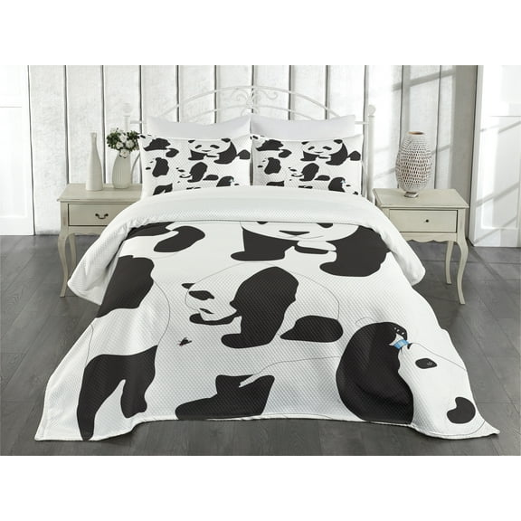 Ambesonne Zoo Quilted Bedspread Set 3 Pcs, Pandas, King Size, Charcoal Grey White