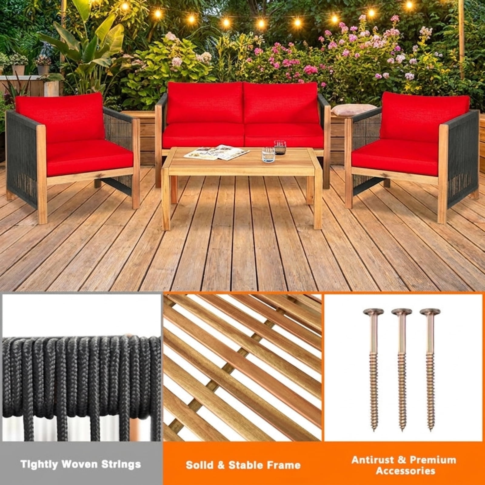 Furnibear 4 Piece Outdoor Patio Furniture Set Acacia Wood Conversation Set with Cushioned Loveseat Chairs and Coffee Table for Backyard, Red