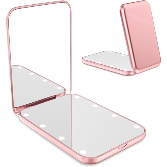 Small Mirror with Lights,LED Compact Makeup Mirror,1x/3x Mini Travel Mirror with Magnification,Portable for Purse,Pocket,Gifts for Girls,Rose Gold