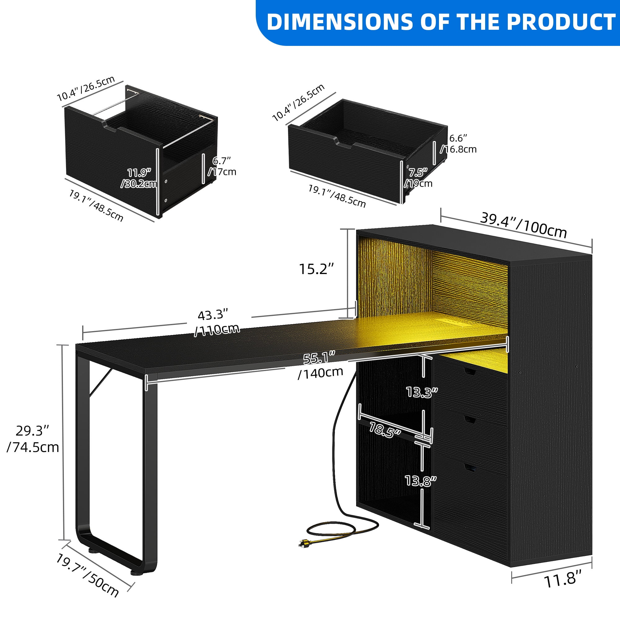 Dextrus L Shaped Desk with Power Outlets & LED Lights, Computer Desk with 3 Drawers and 3 Storage Shelves, White Office Desk Corner Desk for Home Office, Black