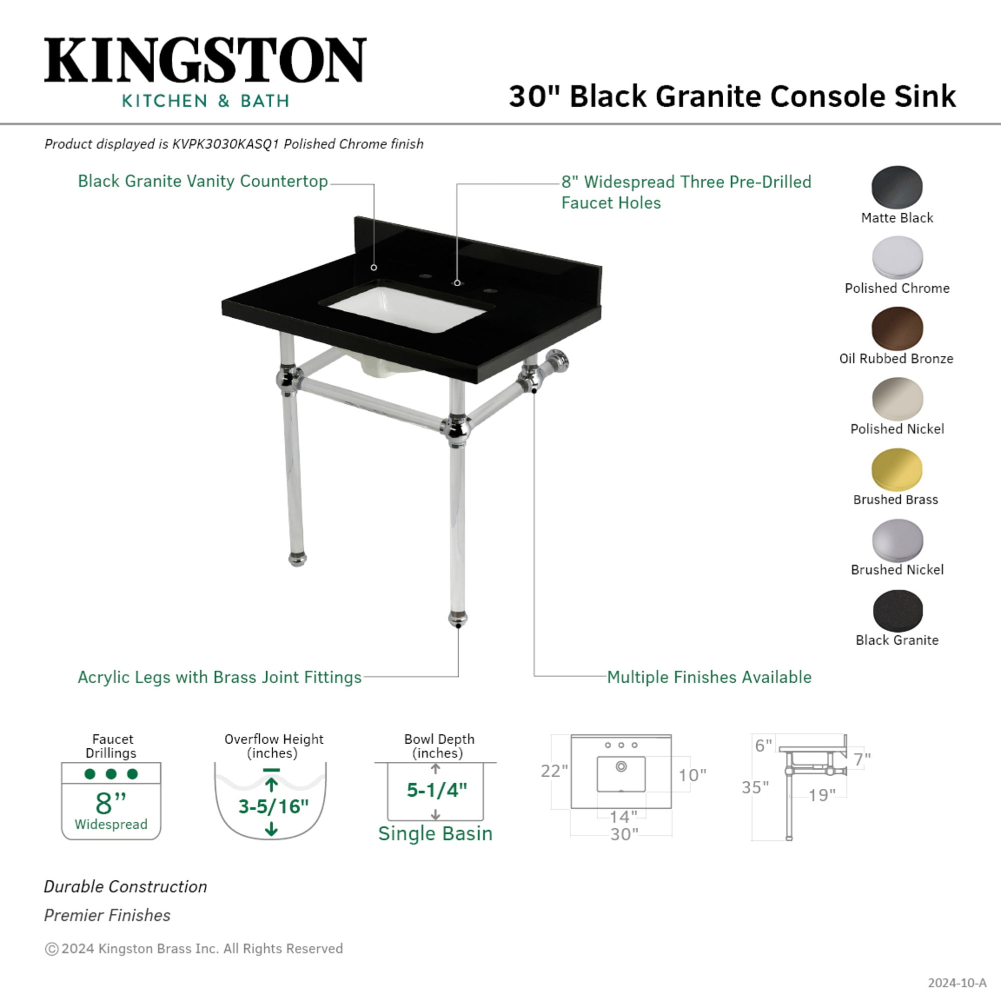 Kingston Brass KVPK3030KASQ8 Templeton 30" Black Granite Console Sink with Acrylic Legs (8-Inch, 3-Hole), Black Granite/Brushed Nickel