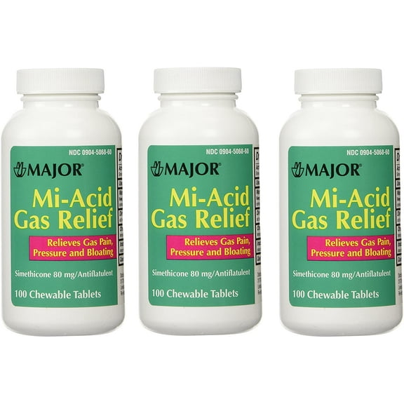 Simethicone 80mg Chewable Anti-Gas Generic for Mylanta Gas 3 PACK 3 X 100 ea. Total 300 Chewable Tablets by Major Pharmaceuticals
