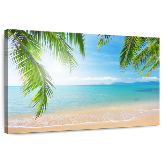 Elephant Stock Coconut Palms And Beach Wall Art - Horizontal Canvas Wall Art - Living Room Wall Decor - Beach Canvas - Blue And Green Decor - 12" x 8"