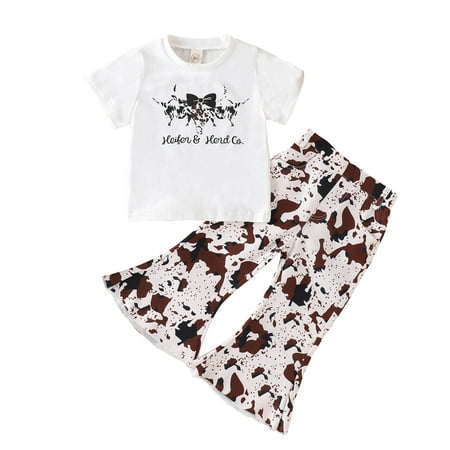 

GWAABD Baby Toddler Girl Clothes White Cotton Blend Toddler Girls Short Sleeve Cartoon Letter Printed T Shirt Pullover Tops Leopard Prints Bell Bottoms Pants Kids Outfits 120